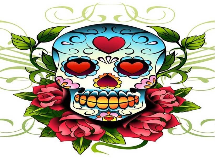 colorful sugar skull with roses