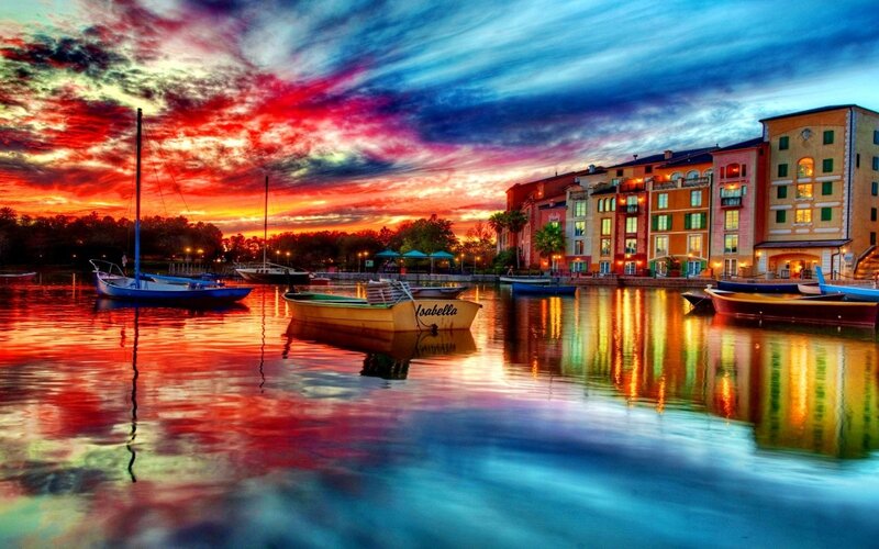 Colorful sunset over a harbor