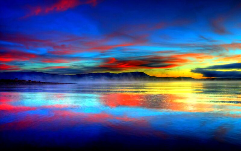 Colorful Sunset over Lake — Blue