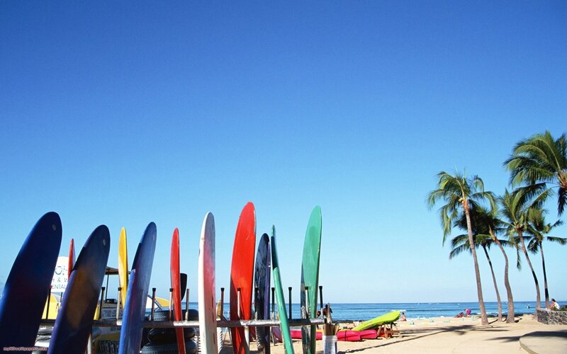 Colorful surfboards on a sunny beach
