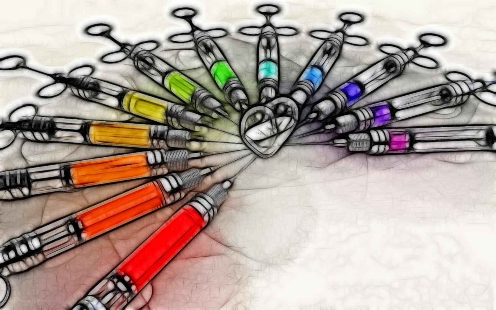 Colorful syringes in a radial pattern