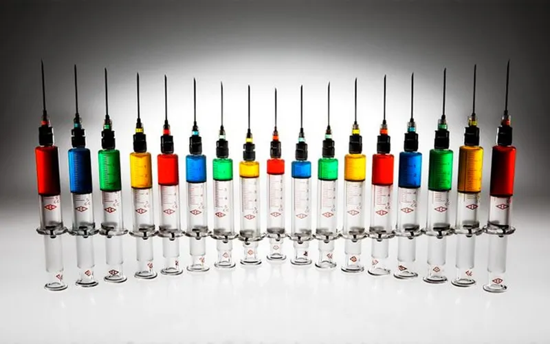 Colorful syringes in a row
