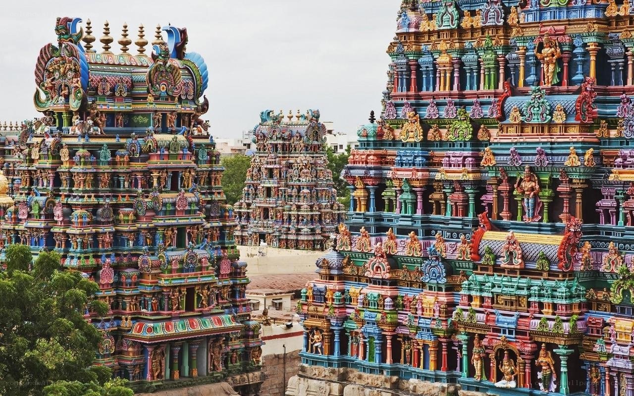 Colorful temple towers in India