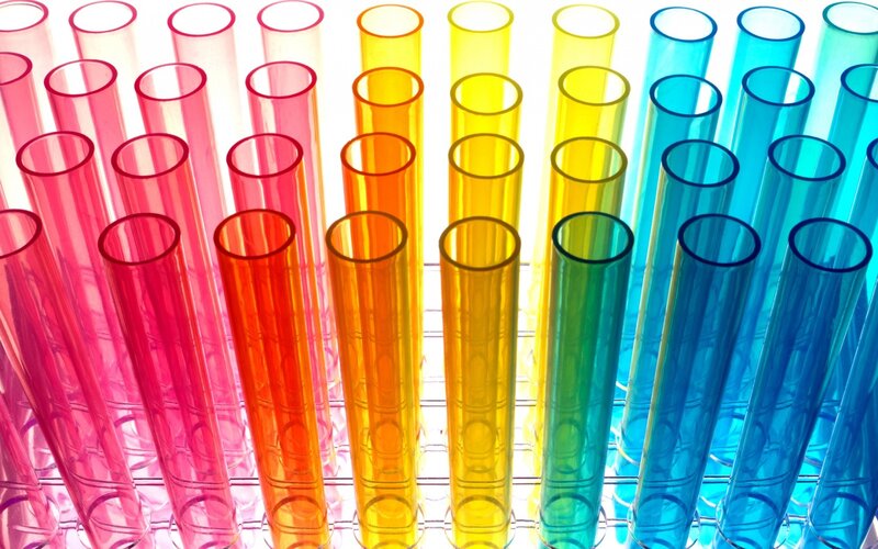 Colorful test tubes in rack