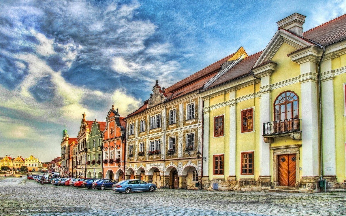 Colorful town square with historic buildings