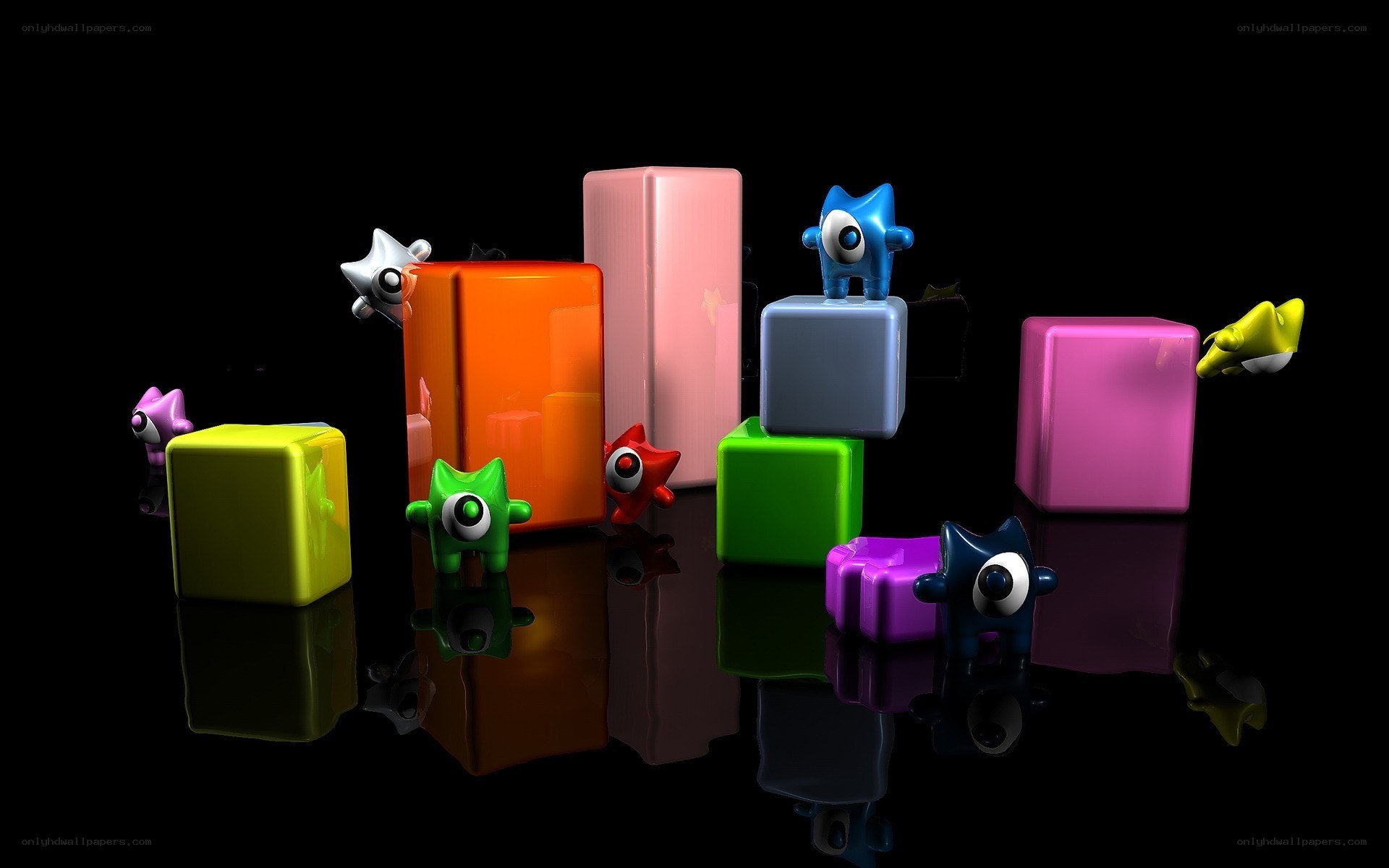 Colorful toy creatures on blocks