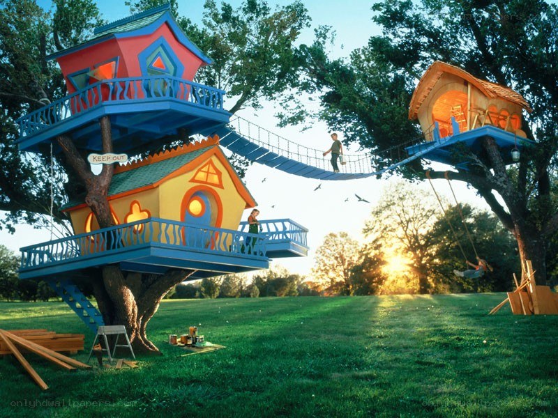 Colorful treehouse village