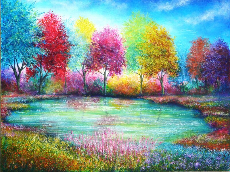 Colorful Trees by Pond — Blue