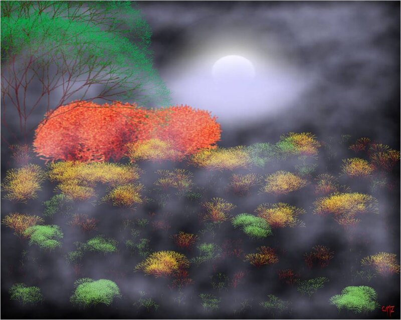 Colorful Trees in Fog