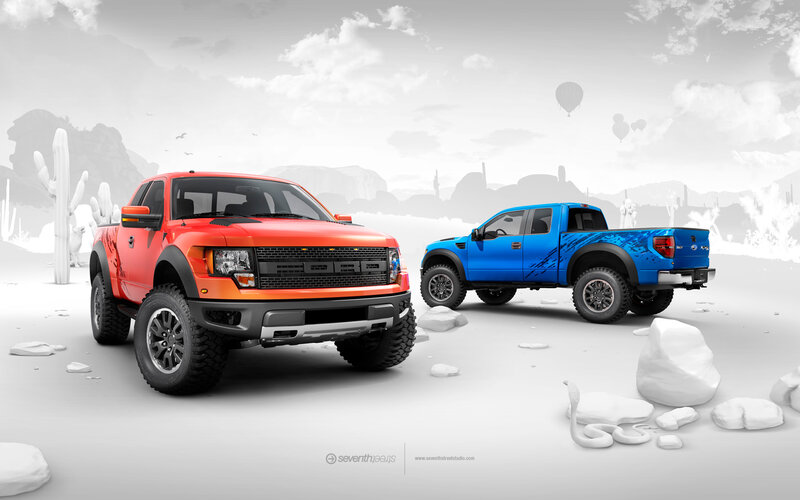 Colorful trucks in desert scene