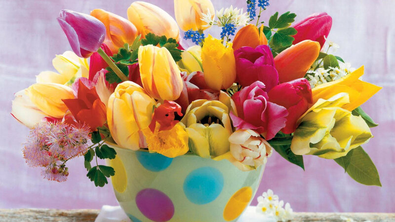 Colorful Tulip Bouquet — Yellow, Bright, Spring, Photograph, Flowers