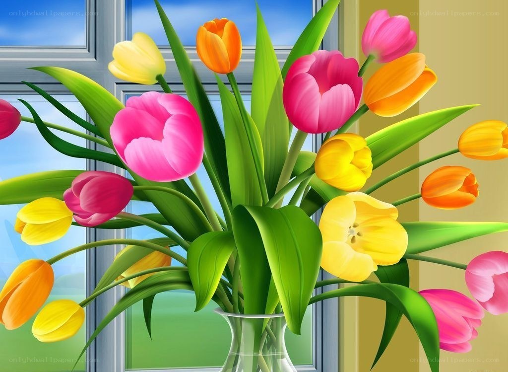 Colorful tulips by the window