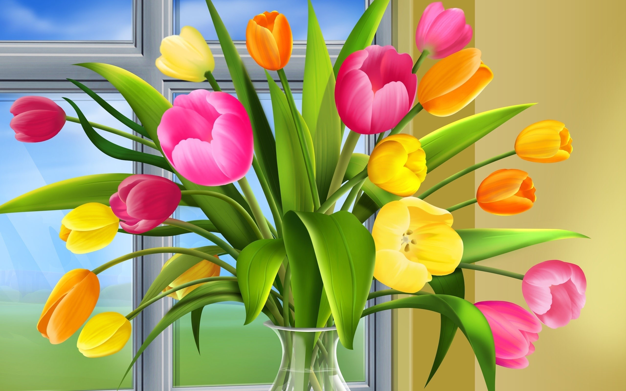 Colorful tulips by window