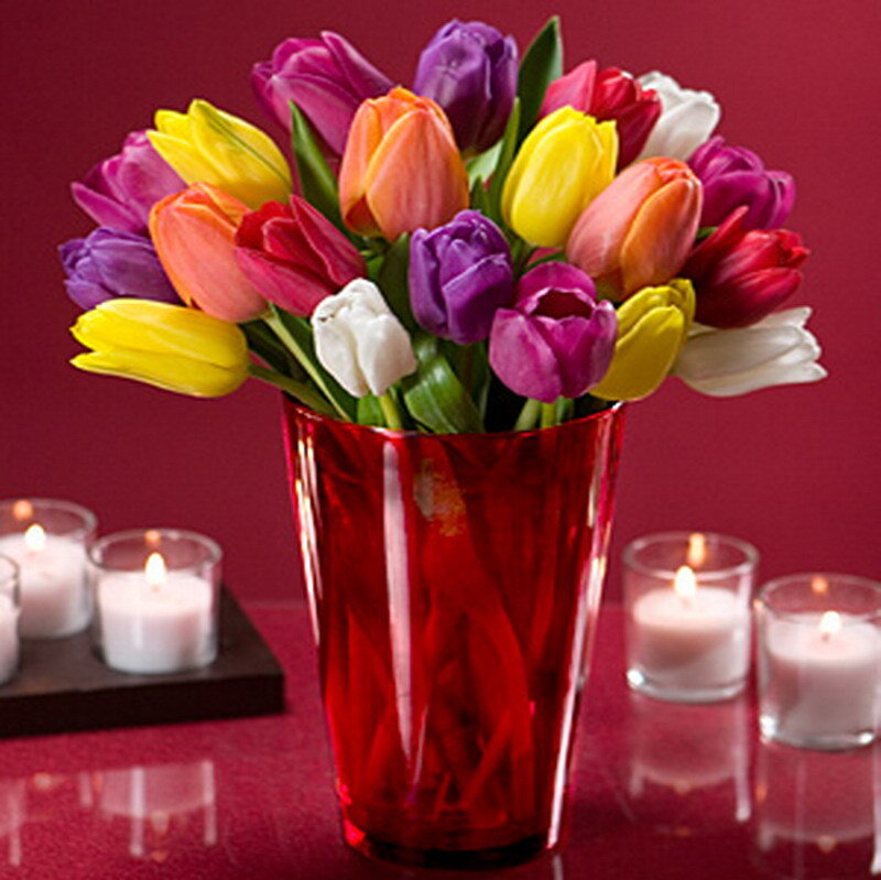 Colorful tulips in a red vase
