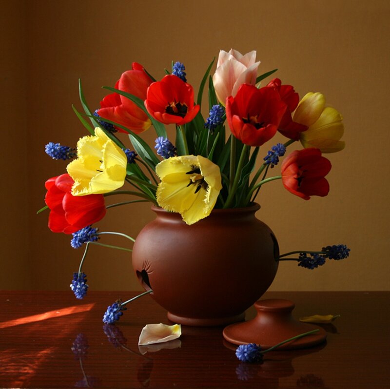 Colorful Tulips in Vase — Brown