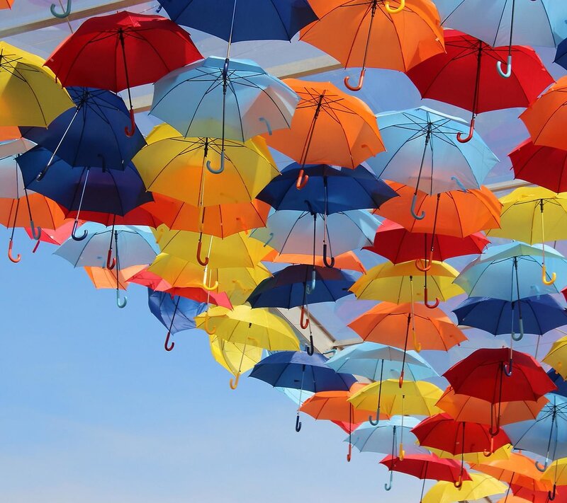 Colorful Umbrellas Hanging — Blue, Playful