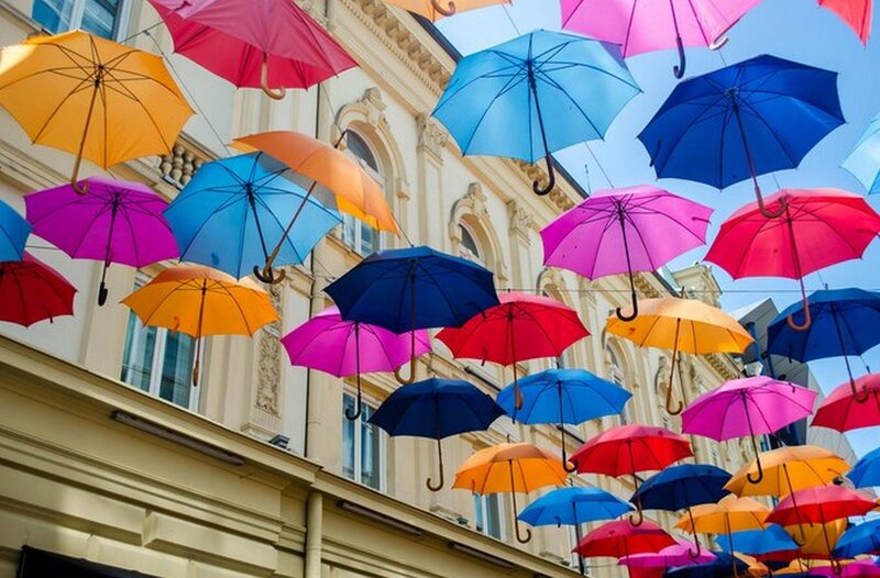 Colorful Umbrellas Hanging — Blue
