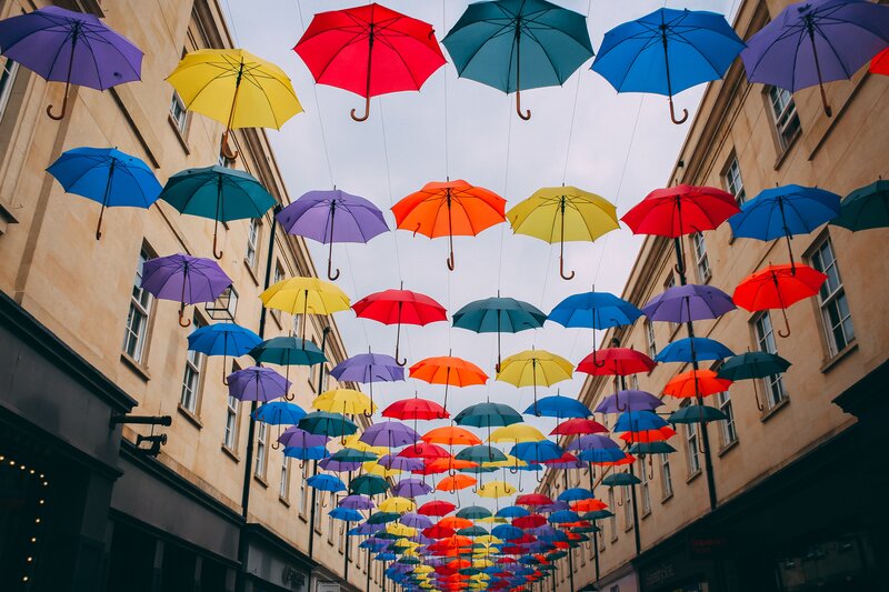Colorful Umbrellas Hanging — Blue, Vibrant