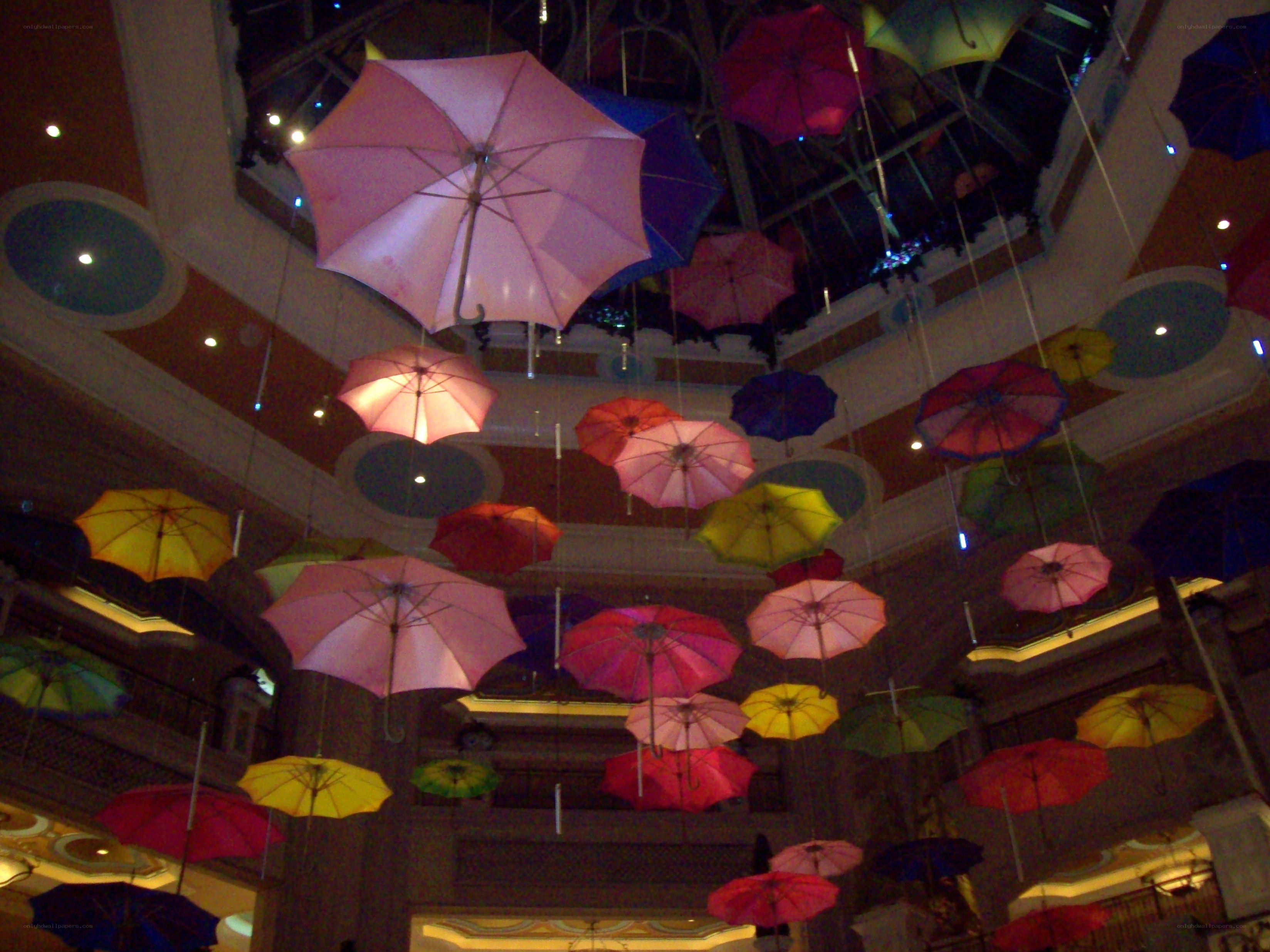Colorful umbrellas hanging indoors
