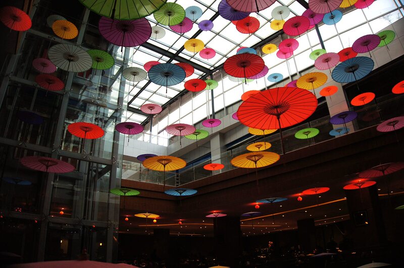 Colorful Umbrellas Hanging — Red, Festive