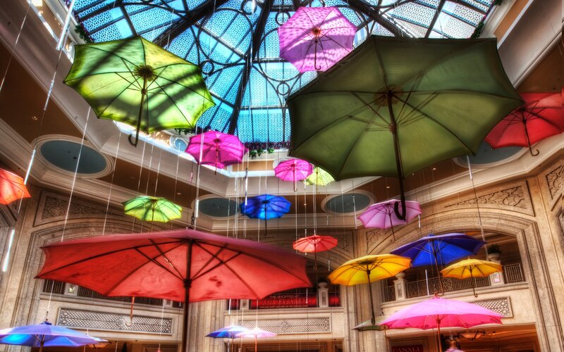Colorful Umbrellas Hanging — Red