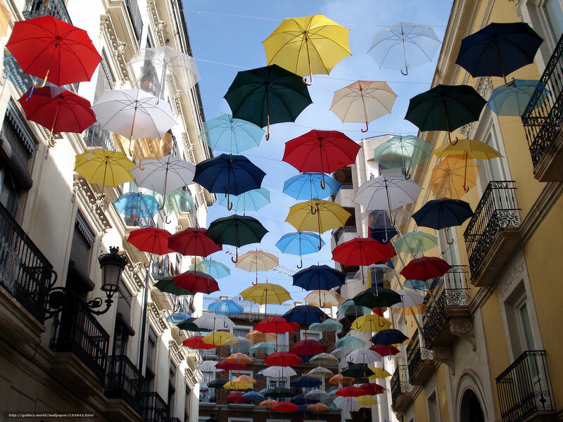 Colorful umbrellas in a city street