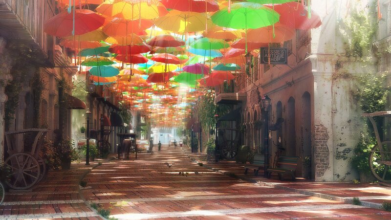Colorful Umbrellas in Alley — Red