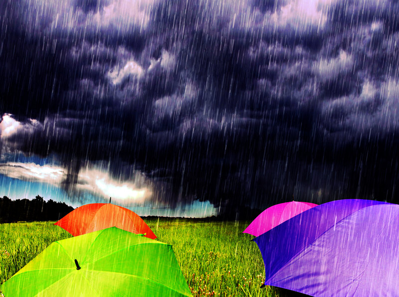 Colorful Umbrellas in Rain — Green