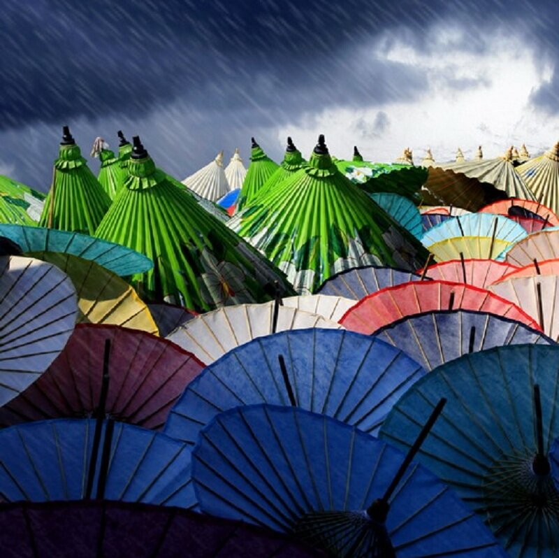 Colorful Umbrellas in Rain