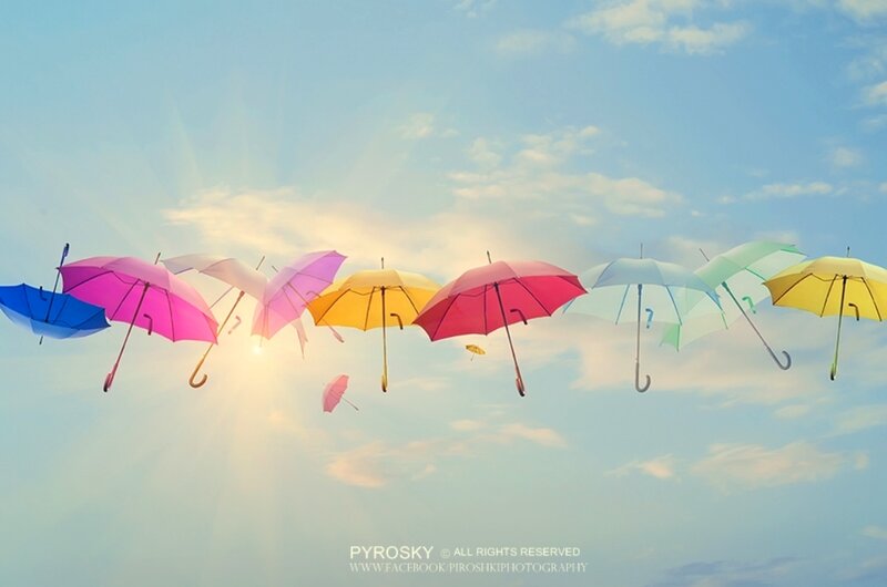 Colorful Umbrellas in Sky — Blue