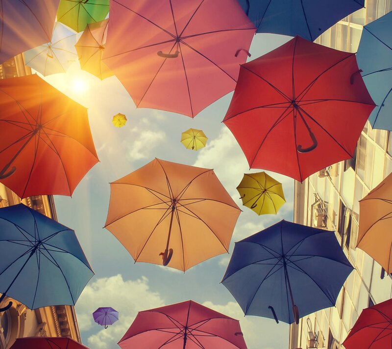 Colorful Umbrellas in Sky — Red, Bright