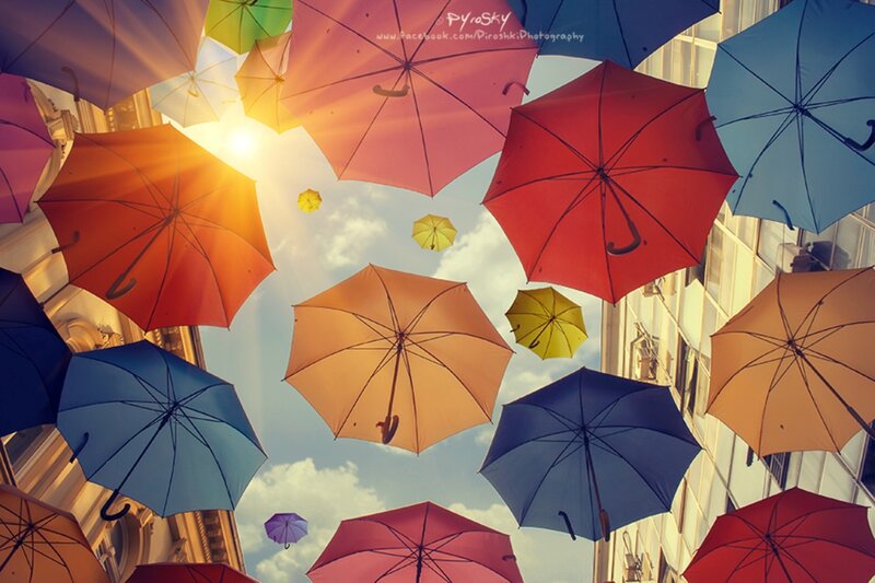Colorful Umbrellas in Sky — Red