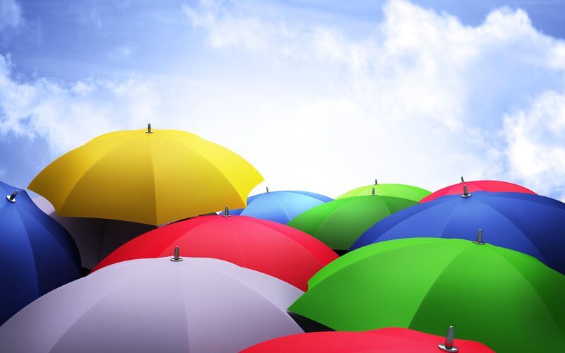 Colorful umbrellas under blue sky