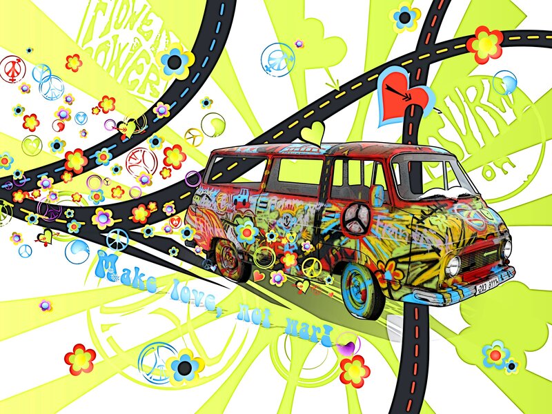 Colorful van with peace symbols