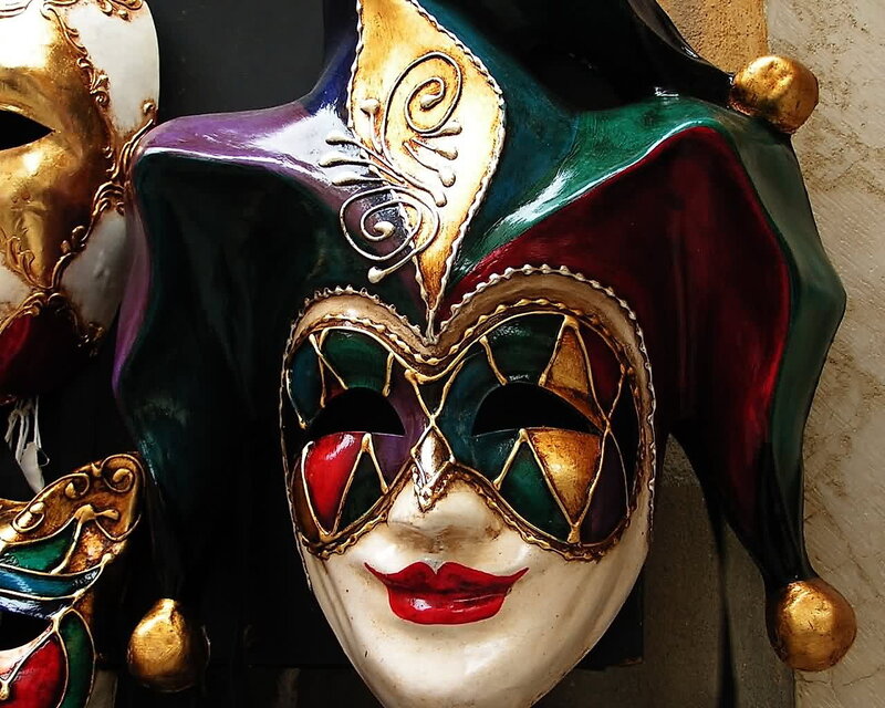 Colorful Venetian masks on display