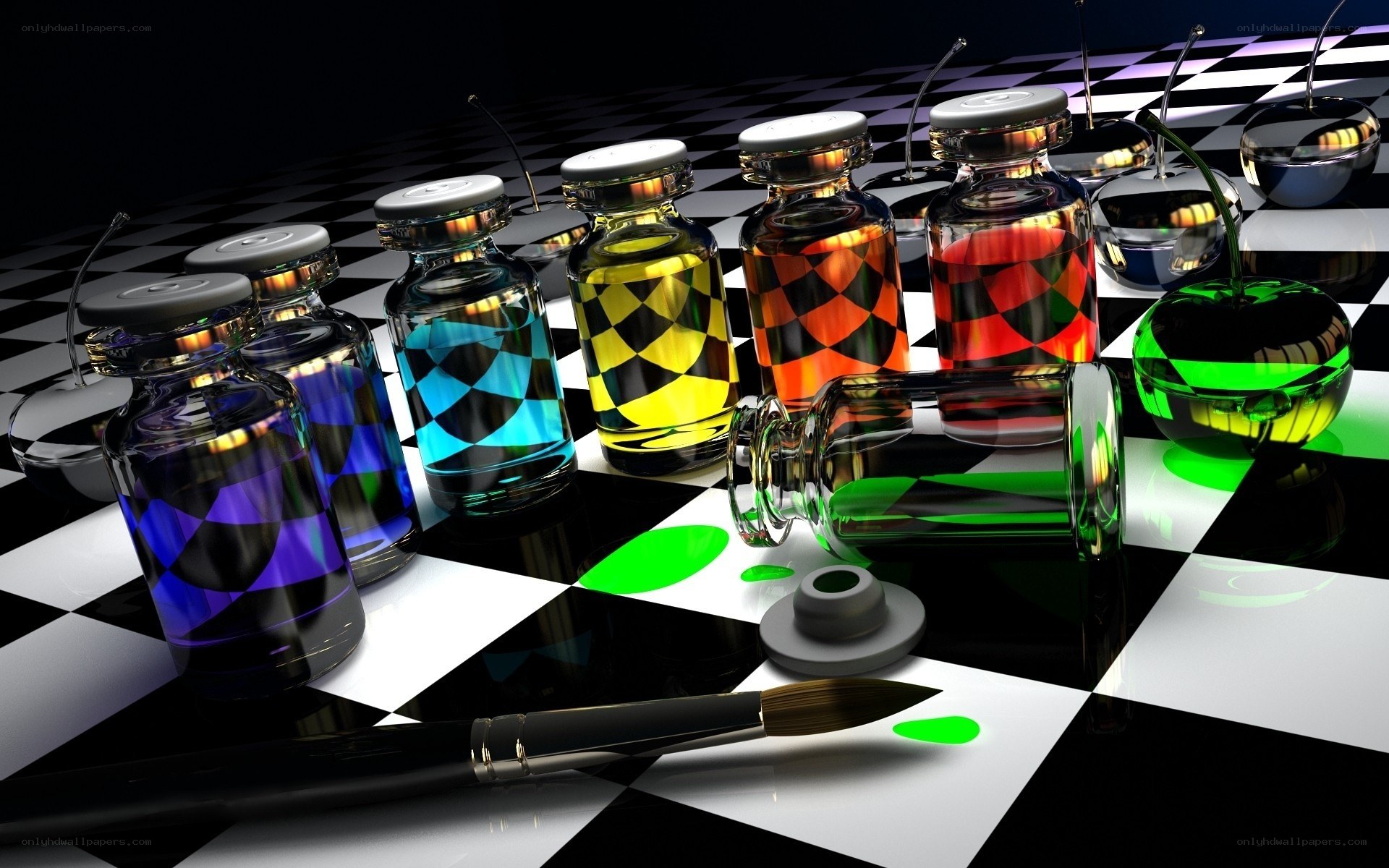 Colorful vials on checkered surface