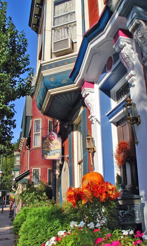 Colorful Victorian buildings in a town