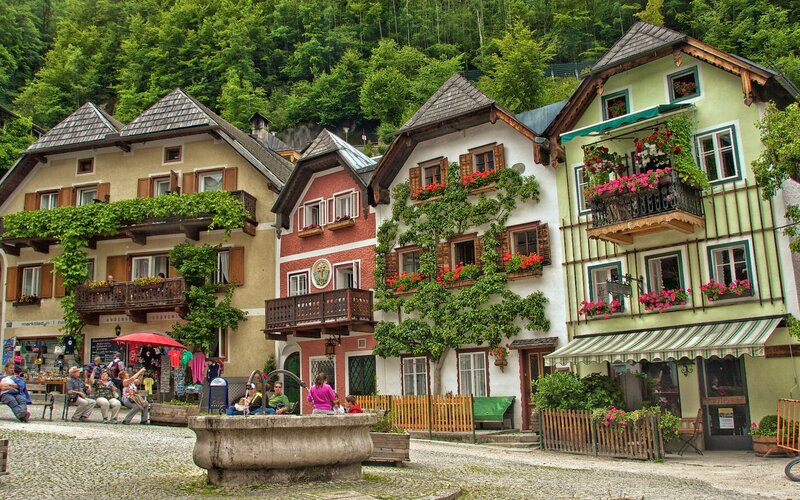 colorful village houses in a mountain town