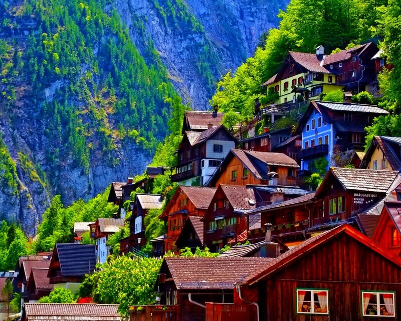 Colorful village in mountain valley
