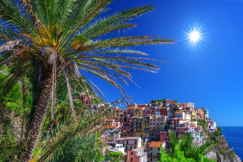 Colorful Village on Cliff — Blue, Bright