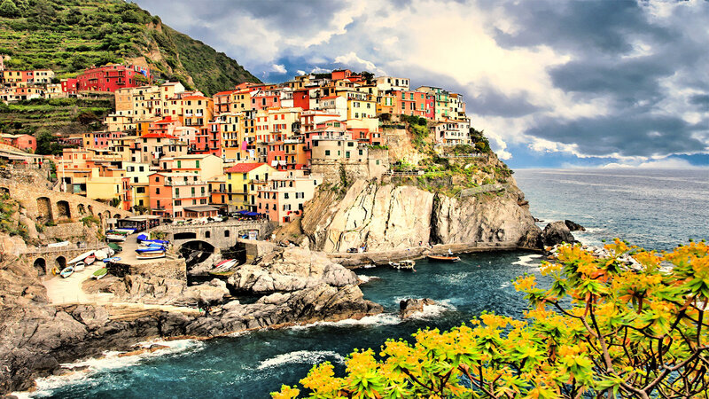 Colorful Village on Cliff — Blue, Dramatic, Afternoon, Photograph, Sea, Mountain
