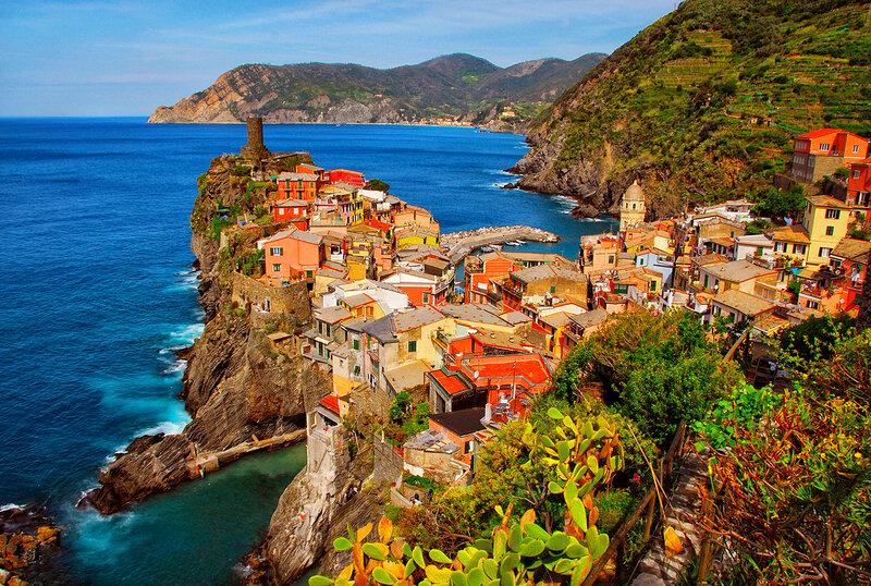 Colorful Village on Cliff — Blue, Serene, Afternoon, Photograph, Sea