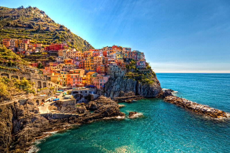 Colorful Village on Cliff — Blue, Serene, Afternoon, Photograph