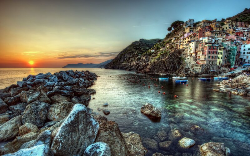 Colorful Village on Cliff — Blue, Serene