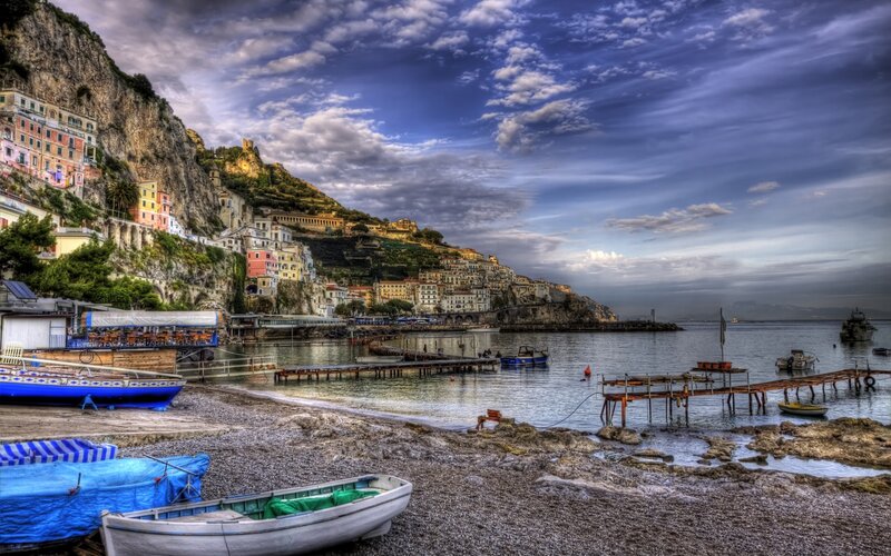 Colorful Village on Cliff — Blue