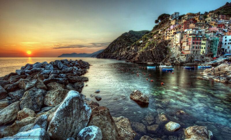 Colorful Village on Cliff — Orange, Serene, Sunset