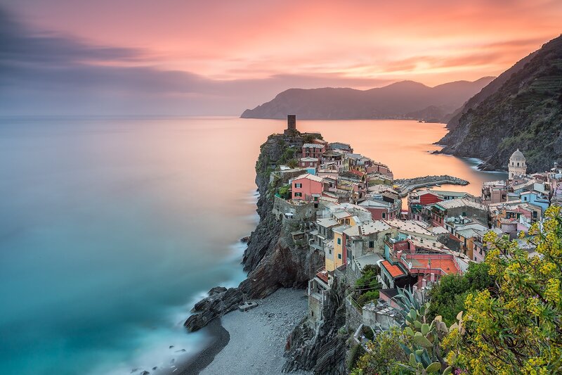 Colorful Village on Cliff — Pink, Serene
