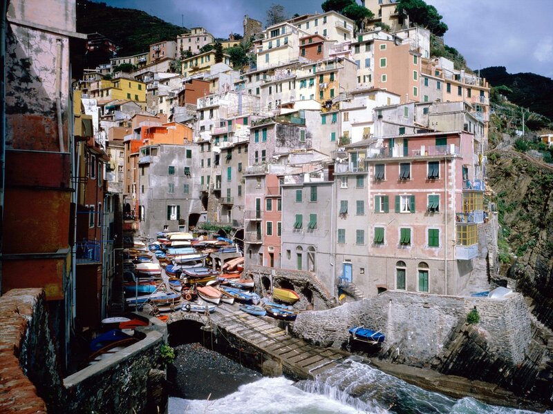 Colorful Village on Cliff — Red, Dramatic, Afternoon