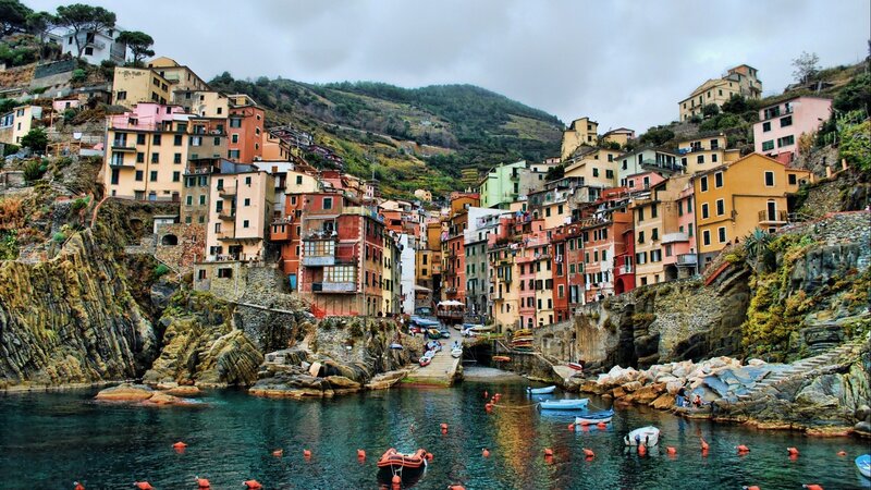 Colorful Village on Coast — Blue