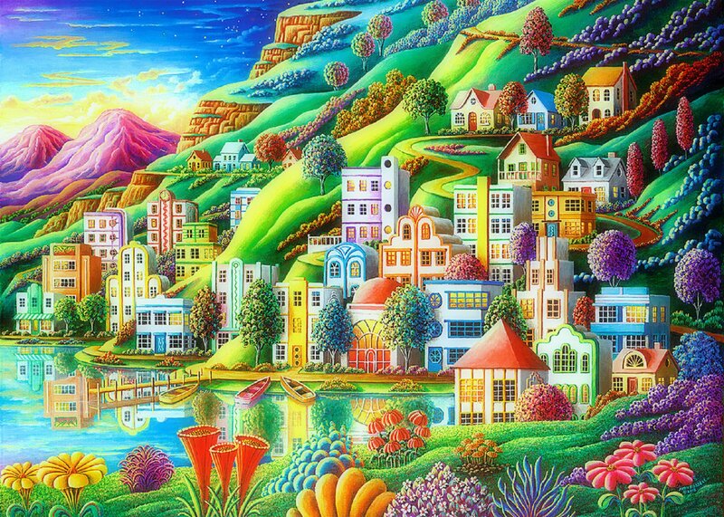 Colorful Village on Hills — Green